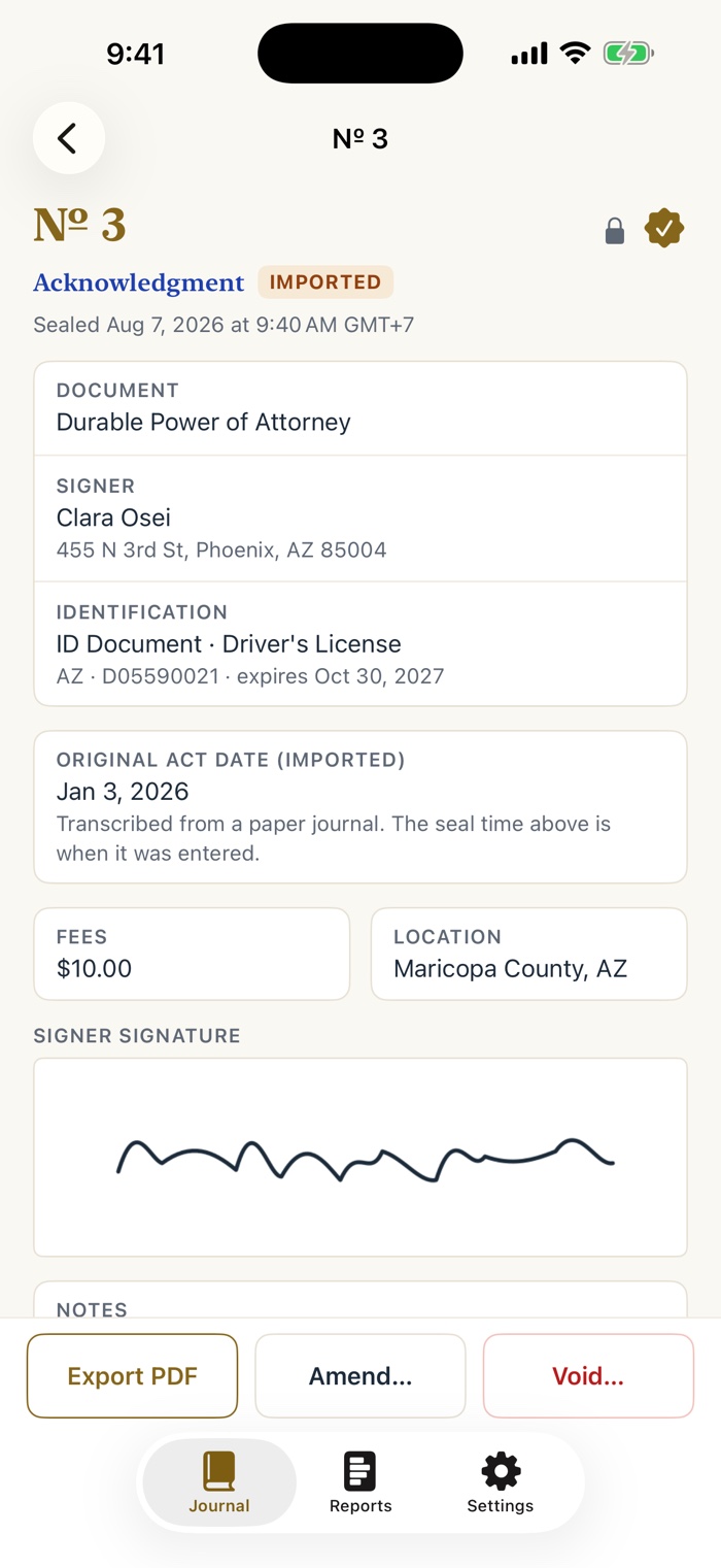 Entry number 3, an acknowledgment with an orange IMPORTED badge. A card reads Original act date (imported), Jan 3, 2026, Transcribed from a paper journal, and notes that the seal time above is when it was entered. Fee, location, and signature follow.