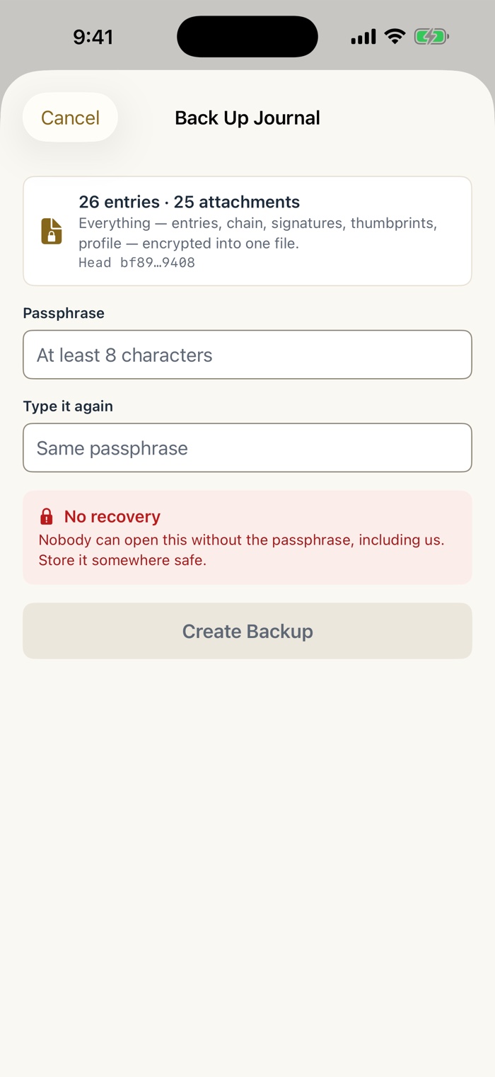 The Back Up Journal sheet. A card reads 26 entries, 25 attachments, and says everything is encrypted into one file. Passphrase and Type it again fields follow, then a red No recovery notice, and a Create Backup button.