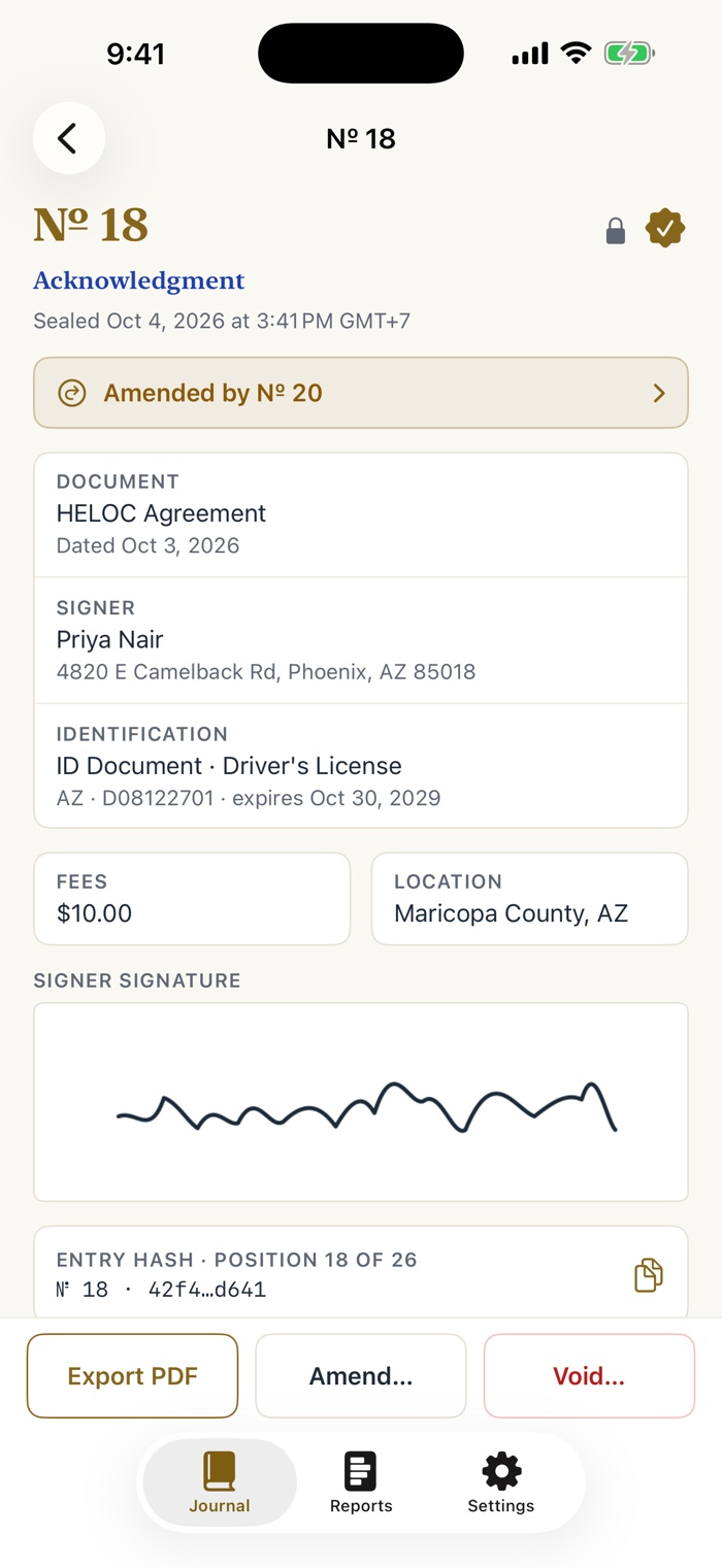 Entry number 18, an acknowledgment, sealed Oct 4. A banner reads Amended by Number 20. Below are the document, signer, identification, fee and location cards, the signer's signature, and an entry hash line reading position 18 of 26. The toolbar offers Export PDF, Amend and Void.