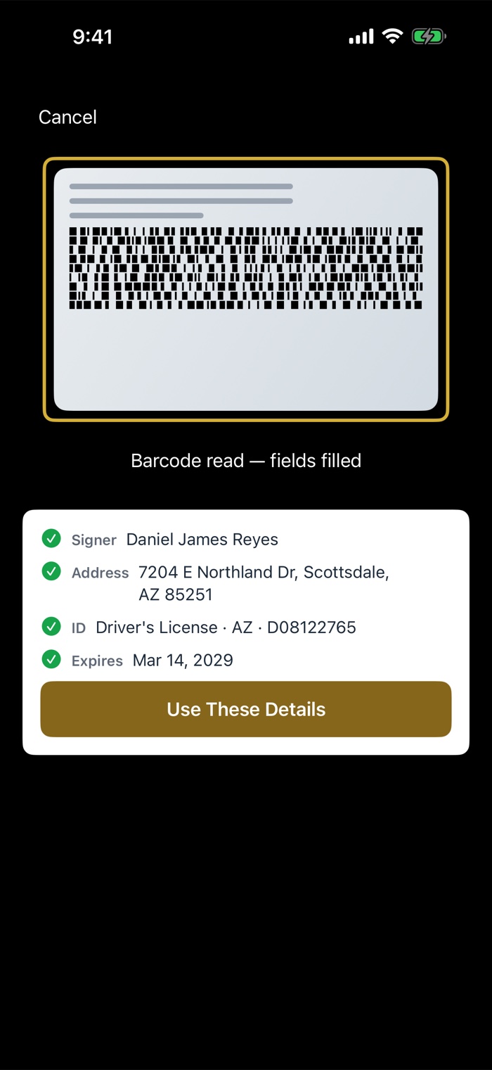 The license scan step. A barcode on the back of a driver's license sits inside a gold frame, with the message Barcode read, fields filled. Below, a card lists Signer, Address, ID type and number, and Expires, each with a green check, and a Use These Details button. This is a staged scan on the iOS Simulator, which has no camera.