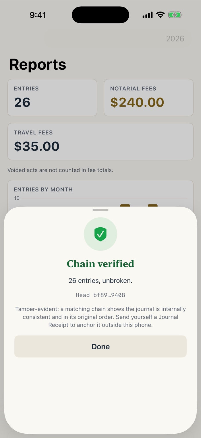 The Verify Journal result over the Reports screen. A green shield with a check, the heading Chain verified, and the line 26 entries, unbroken. A head hash is shown, then a note that a matching chain shows the journal is internally consistent and in its original order, and a Done button.