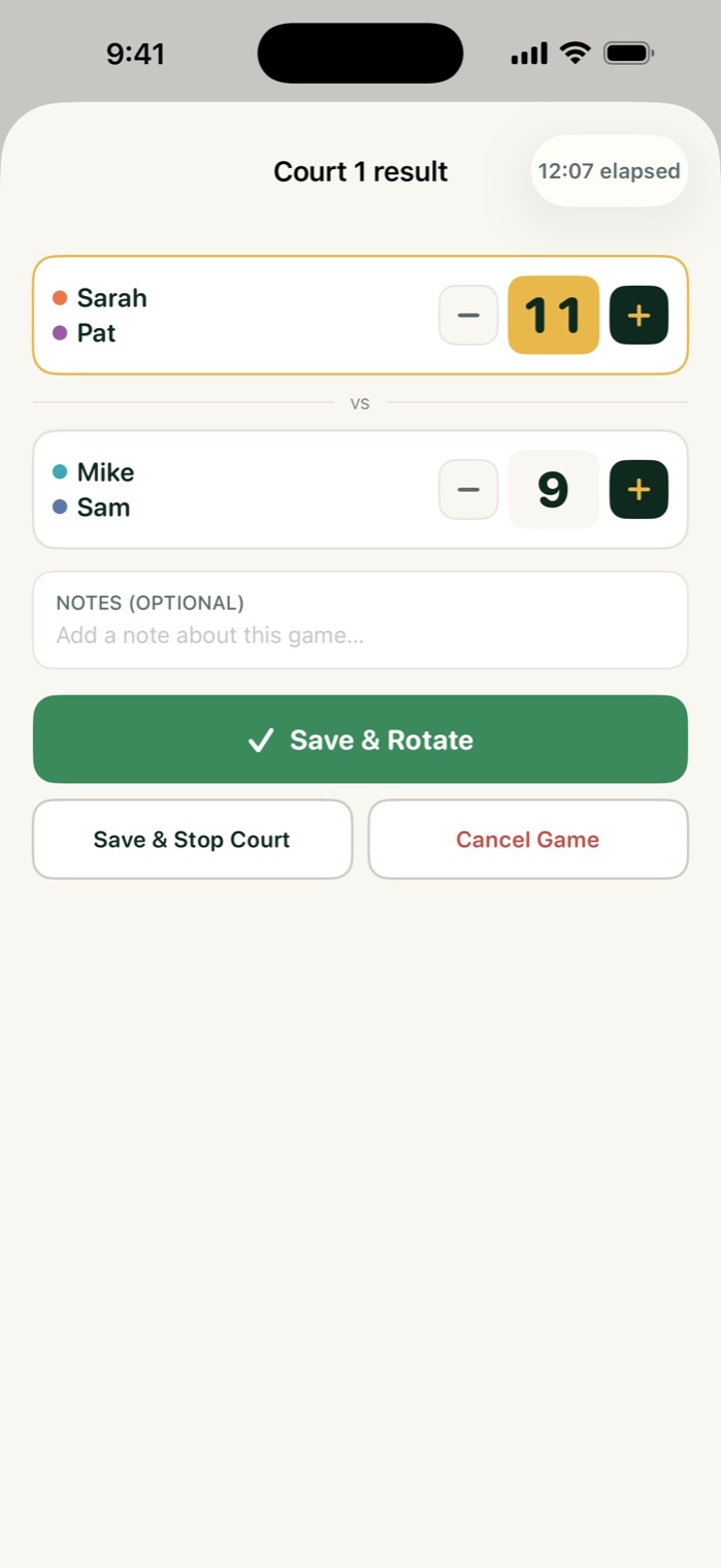 Court 1 result sheet with an 11 to 9 score and a green Save and Rotate button