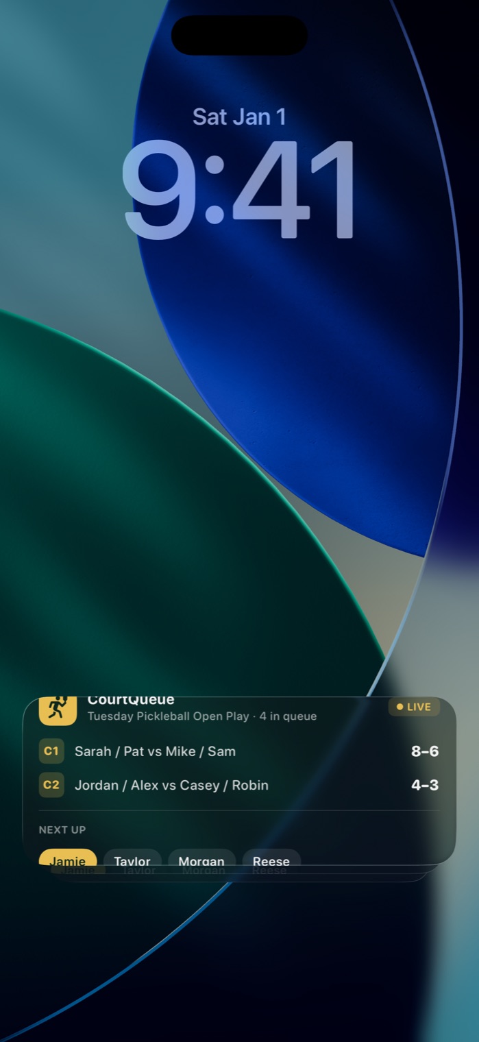 iPhone Lock Screen with the CourtQueue Live Activity listing two courts, their scores, and the next four players