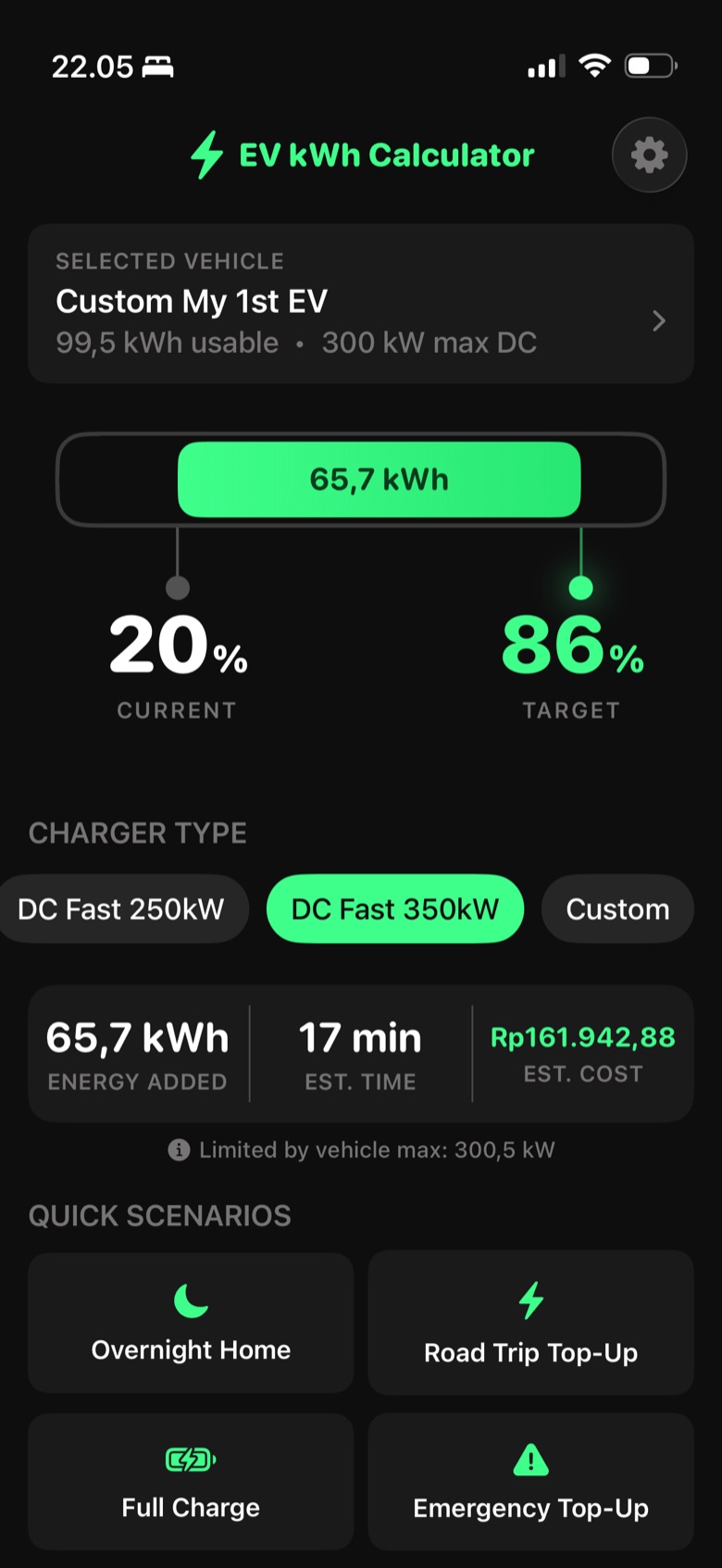 Calculator screen: 20% to 86% adds 65.7 kWh in 17 minutes on a 350 kW DC fast charger