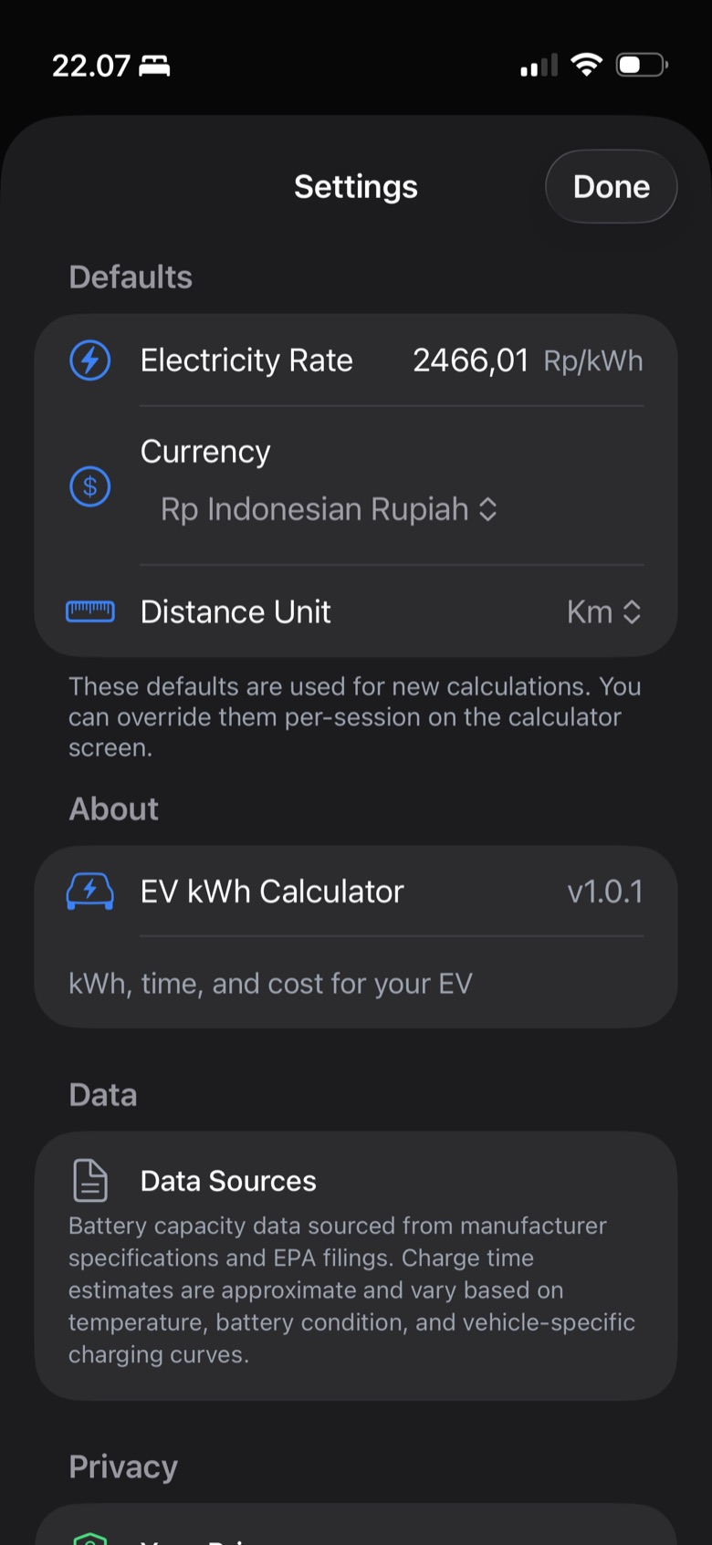 Settings with electricity rate, currency and distance unit