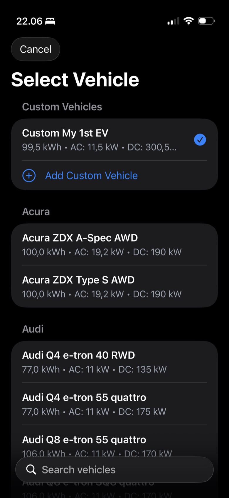 Select Vehicle list showing Acura and Audi models with usable kWh, AC and DC charge rates