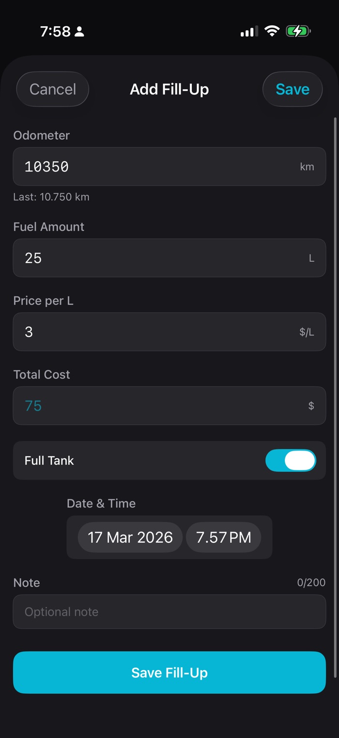 Add Fill-Up screen with odometer, fuel amount, price per litre, an auto-calculated total cost, and a Full Tank toggle
