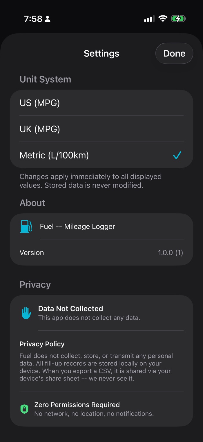 Settings with US MPG, UK MPG and Metric L/100km unit options, and a Data Not Collected privacy note