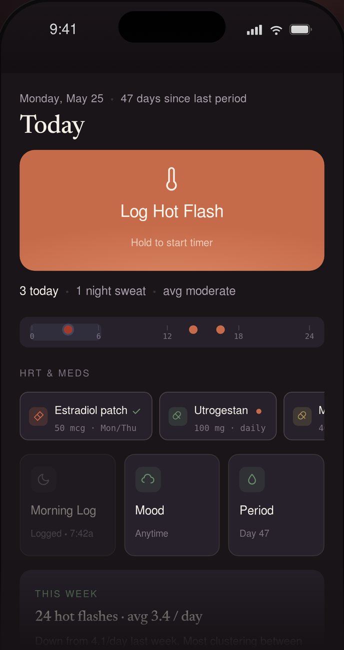 HotFlash Today screen with a large Log Hot Flash button, a 24-hour timeline, and HRT medications