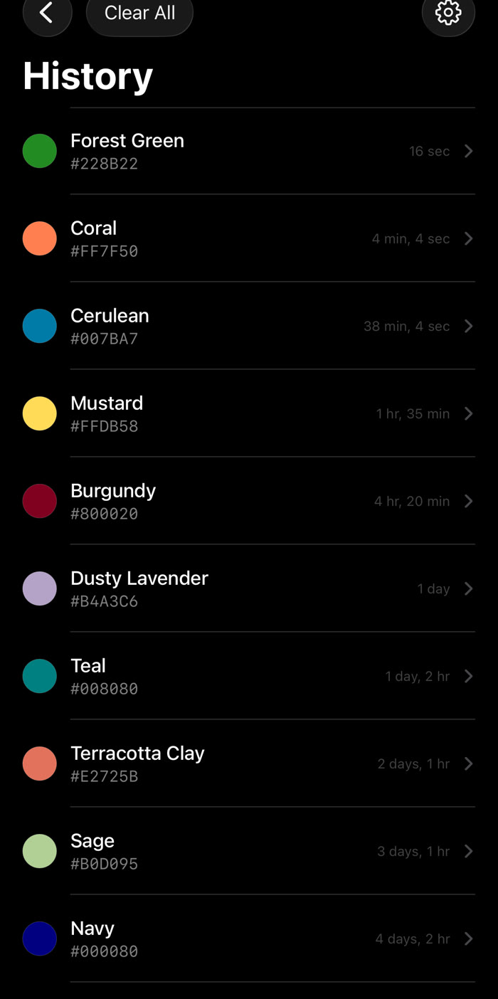 History screen listing saved colors by name with hex codes: Forest Green, Coral, Cerulean, Mustard, Burgundy, Dusty Lavender, Teal, Terracotta Clay, Sage and Navy, each with how long ago it was saved.