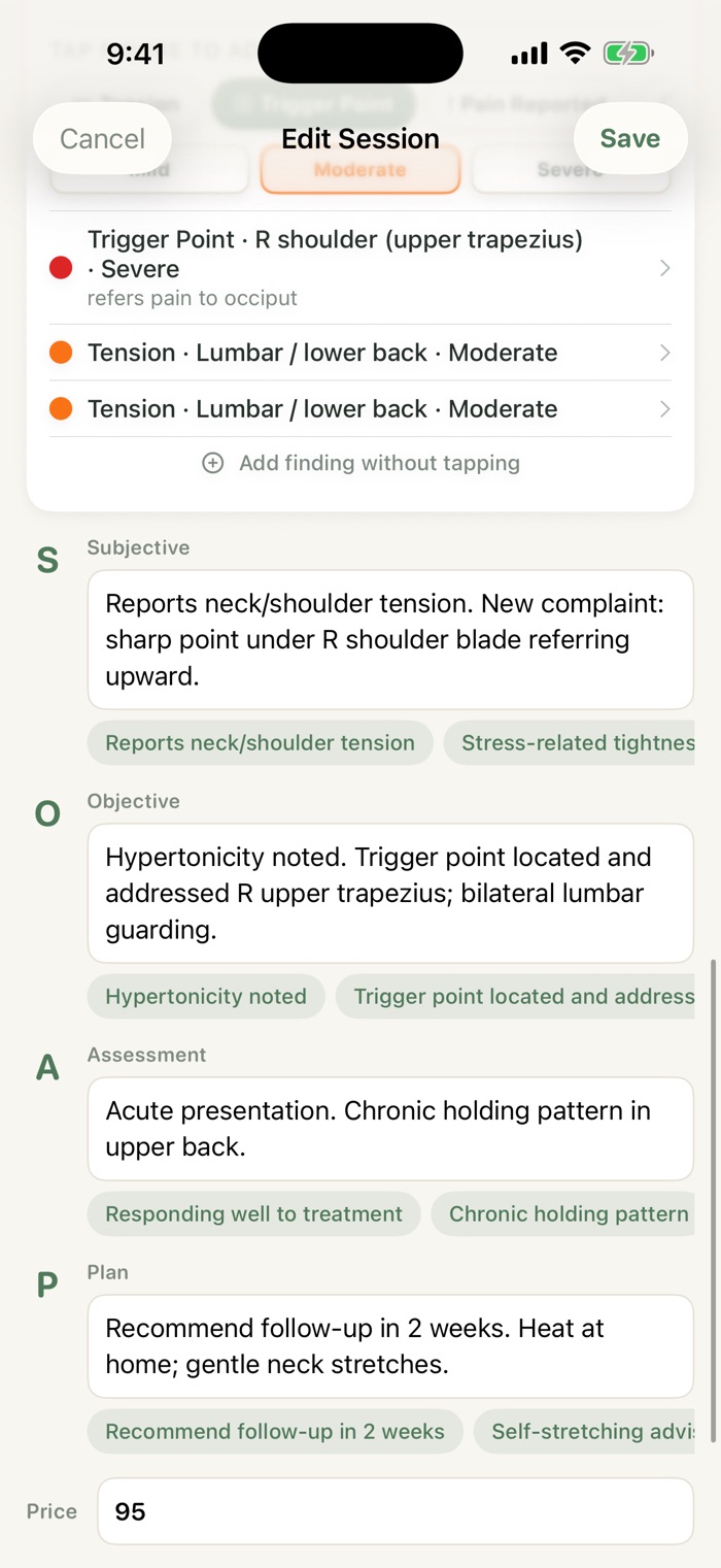SOAP note with Subjective, Objective, Assessment and Plan fields, each with quick-phrase chips underneath