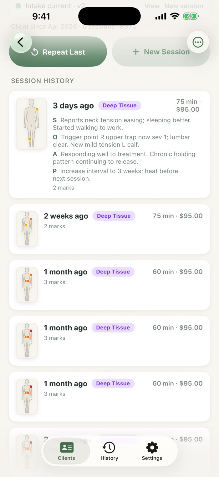 Session history list with body chart thumbnails, modality tags, durations and SOAP summaries