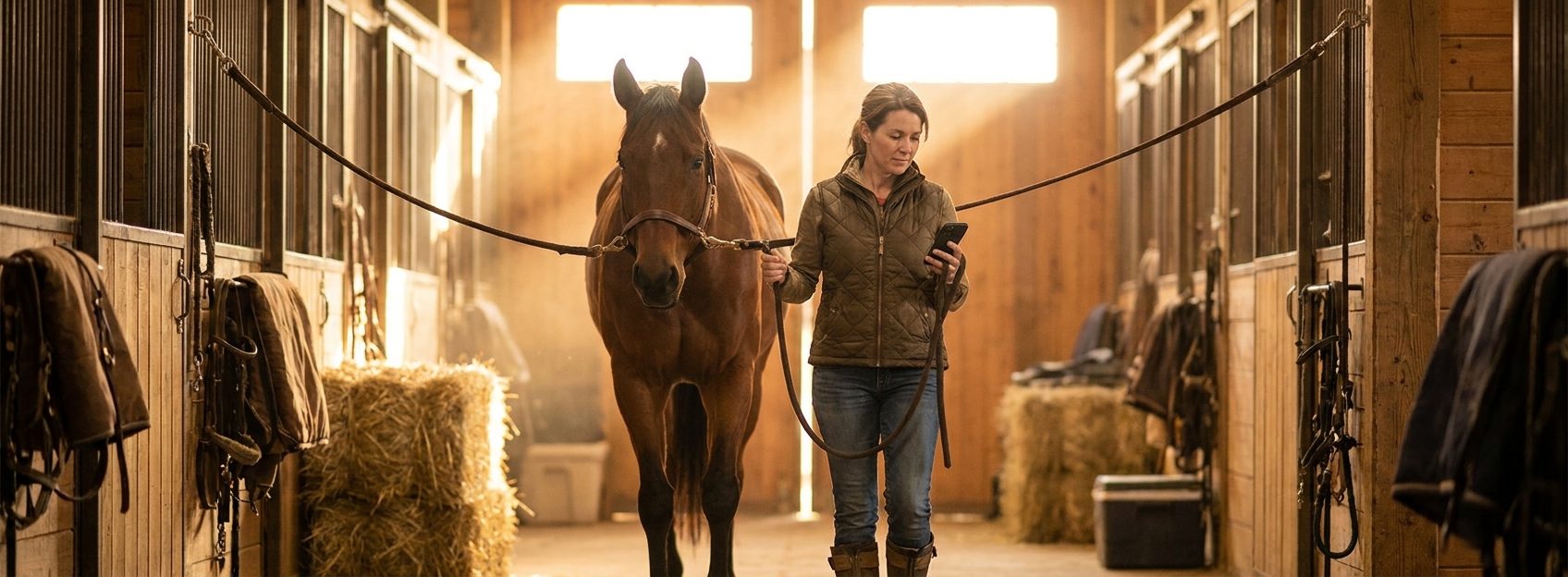 A woman leads a bay horse down a sunlit barn aisle while checking her phone