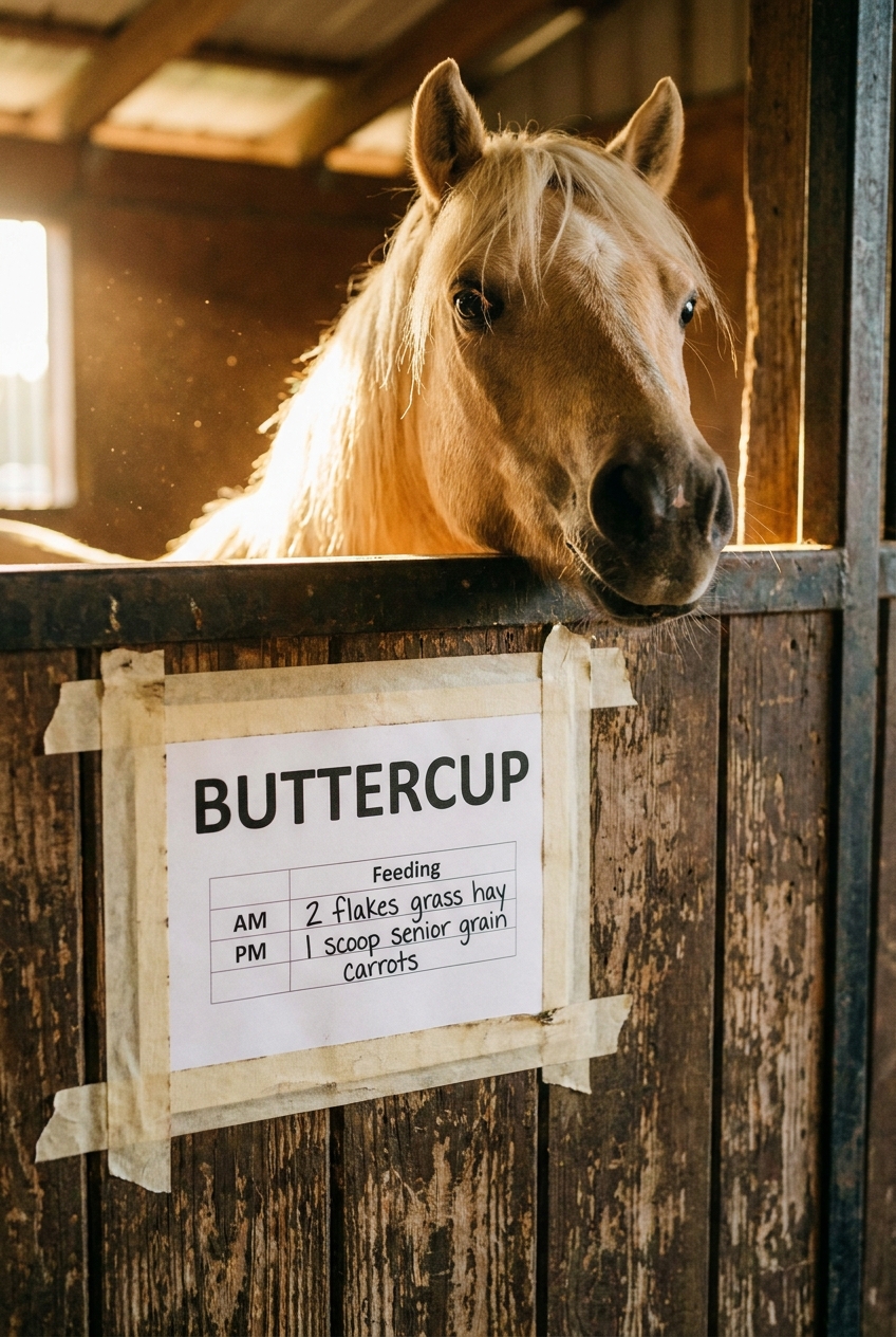 A printed stall card taped to a wooden stall door, a palomino pony looking over the top