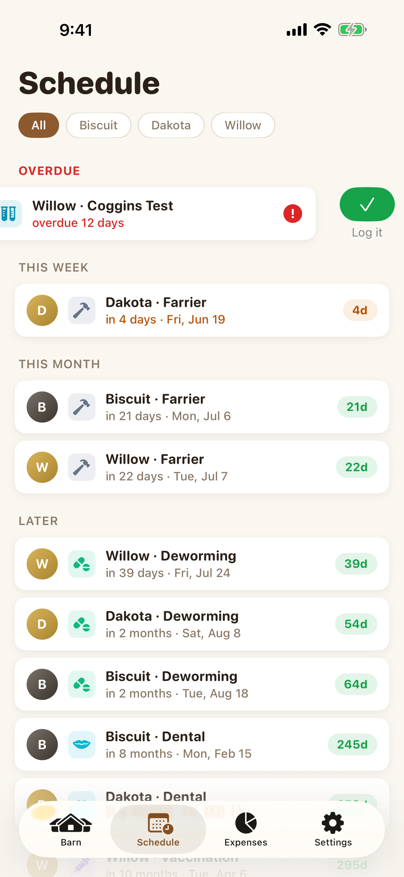 Schedule tab with an overdue Coggins test and upcoming farrier visits