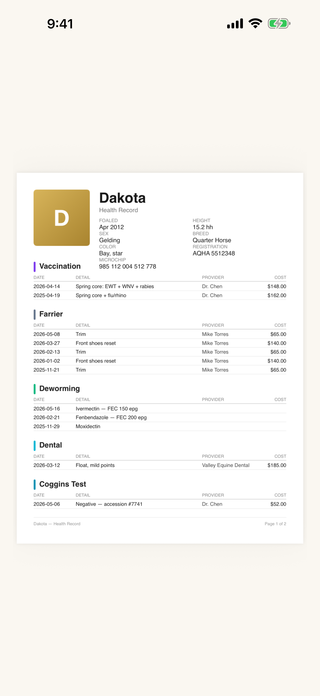 Exported health record PDF with profile header and vaccination table