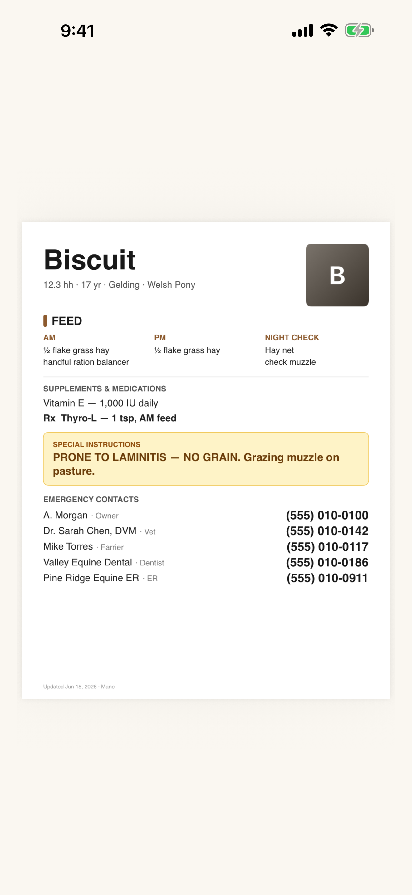 Printable stall card for Biscuit with feed board, medications, and emergency contacts