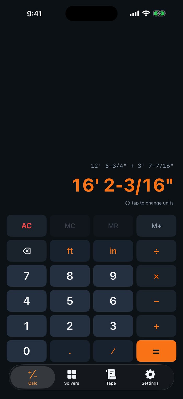 Rafter calculator showing 12 feet 6-3/4 inches plus 3 feet 7-7/16 inches equals 16 feet 2-3/16 inches in orange