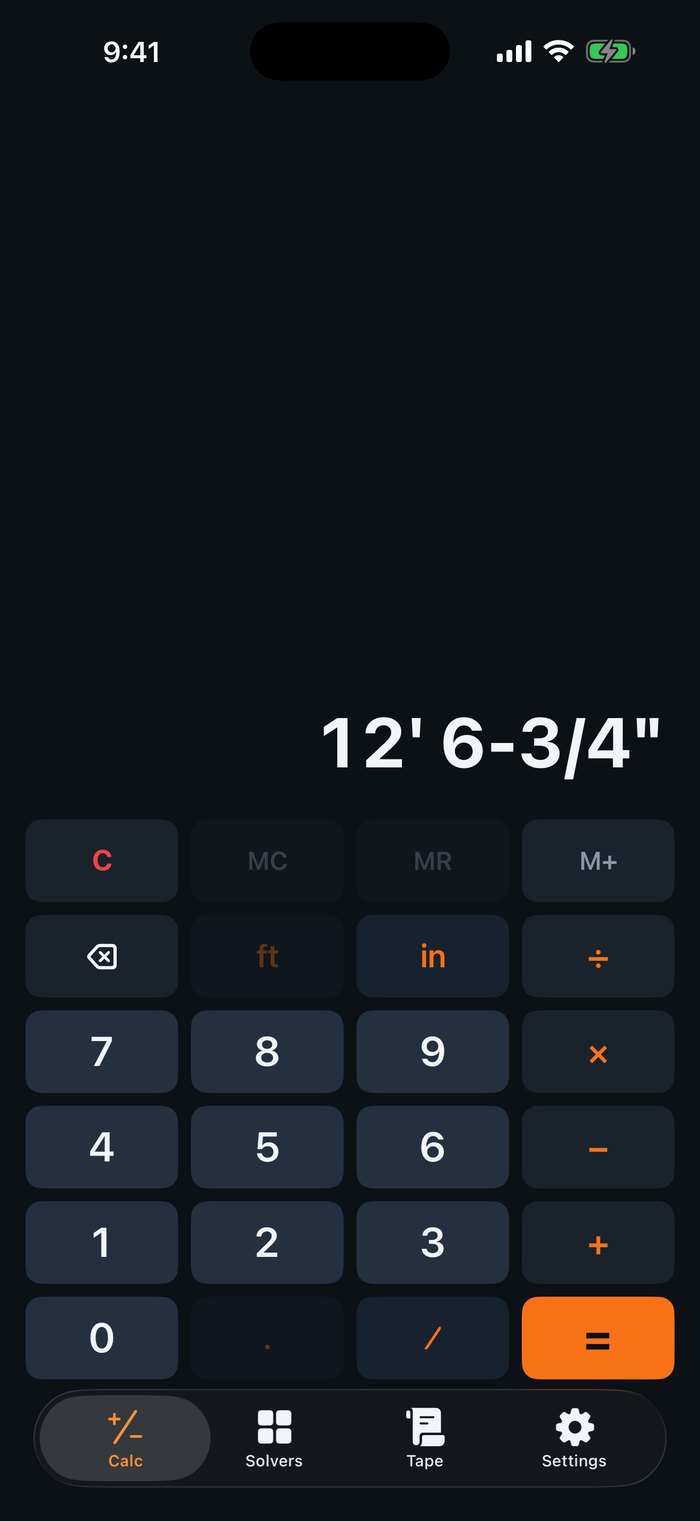 Rafter keypad with ft, in and fraction keys, entering 12 feet 6-3/4 inches
