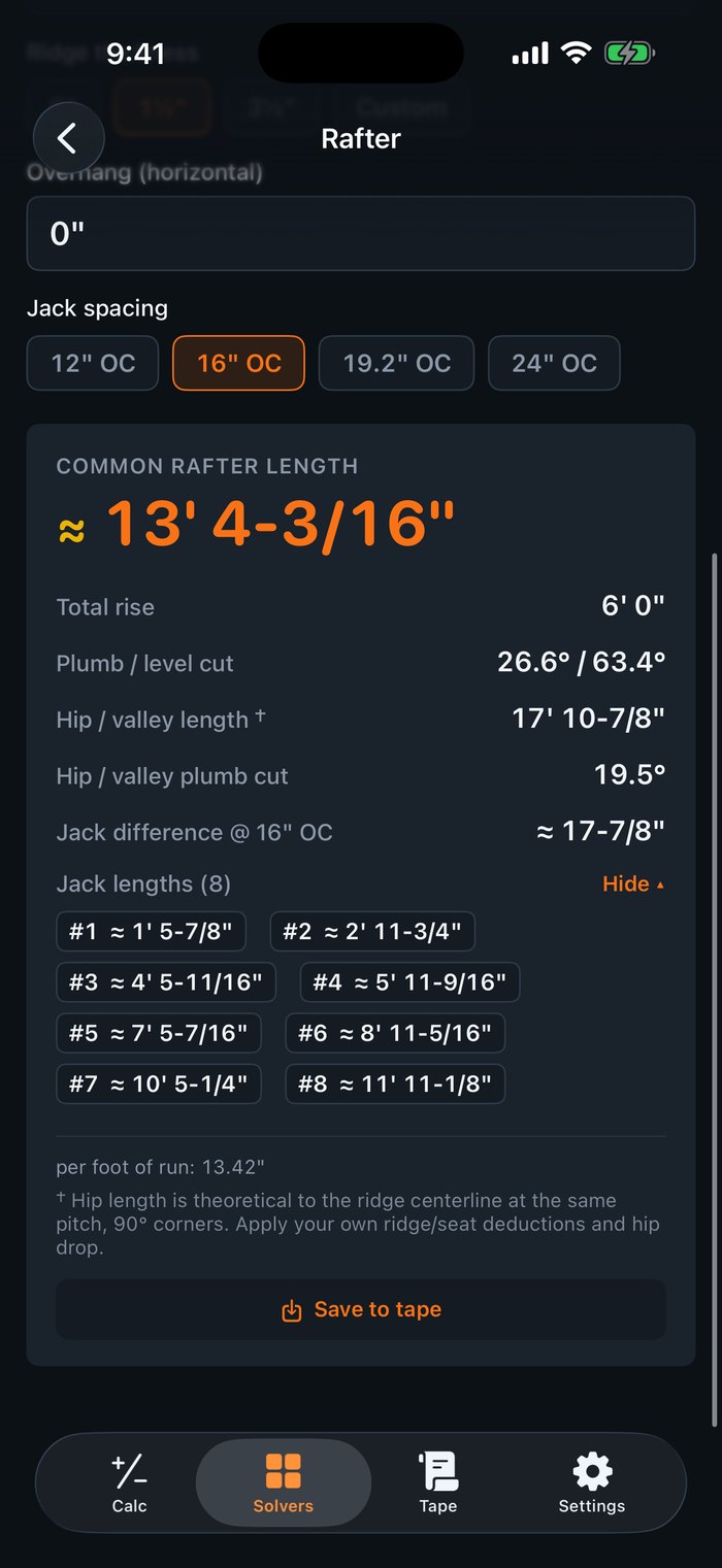 Rafter solver result: common rafter length about 13 feet 4-3/16 inches, plumb and level cuts, hip length and an expanded table of eight jack lengths