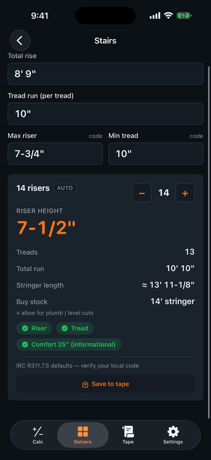 Stair solver for an 8 foot 9 inch rise: 14 risers at 7-1/2 inches, 13 treads, stringer length and buy a 14 foot stringer, with green riser and tread code badges