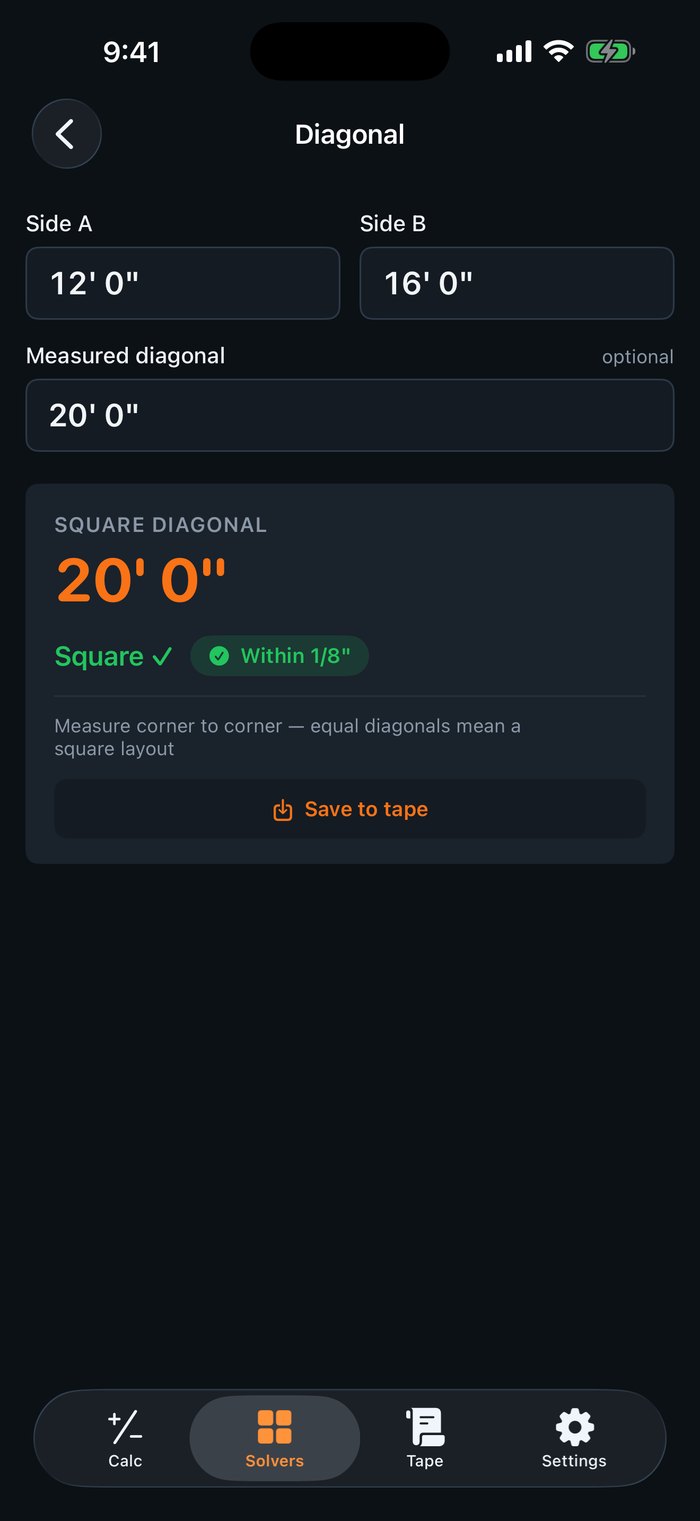 Diagonal solver: 12 by 16 foot layout measured at 20 feet, showing Square with a within 1/8 inch badge