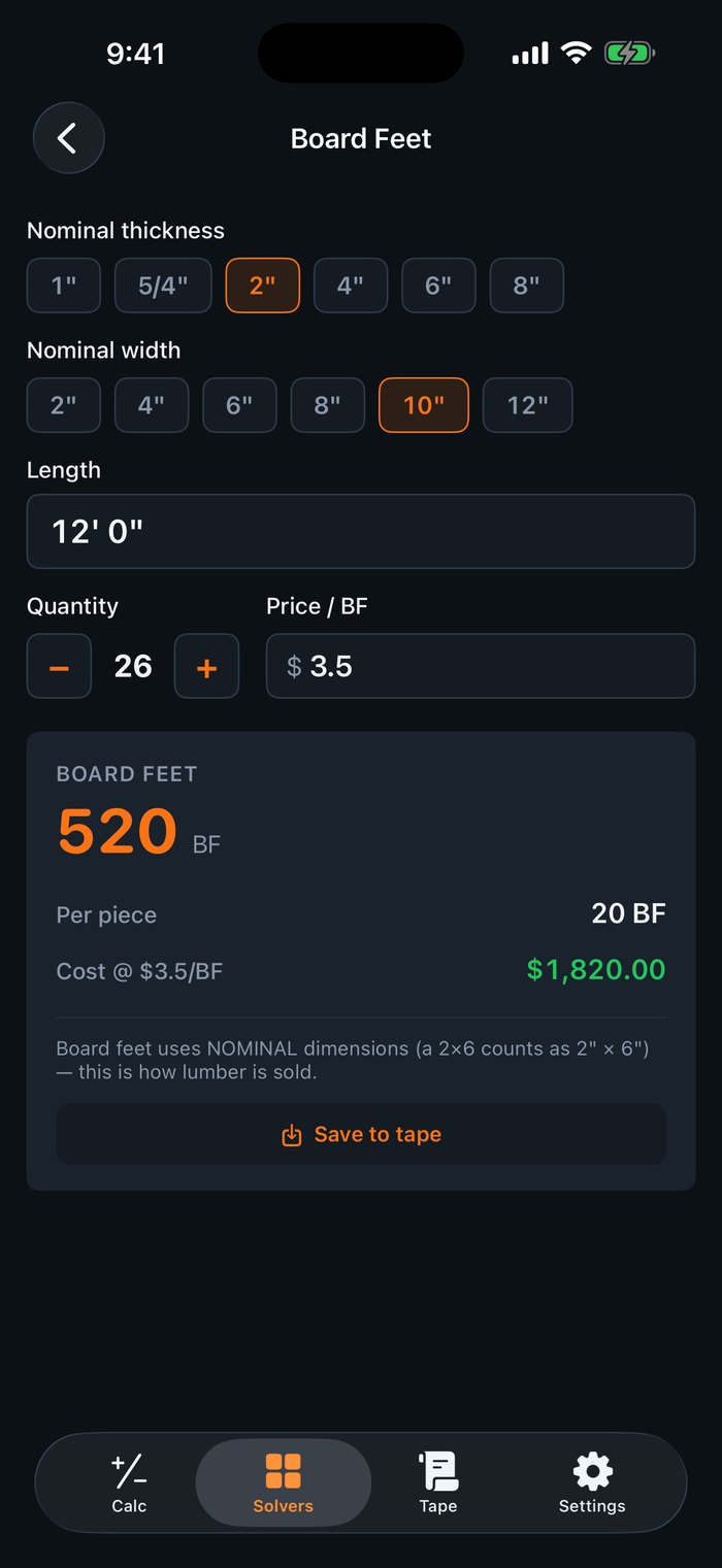 Board feet solver: 26 pieces of 2 by 10 by 12 feet equals 520 board feet, costing 1,820 dollars at 3.50 per board foot