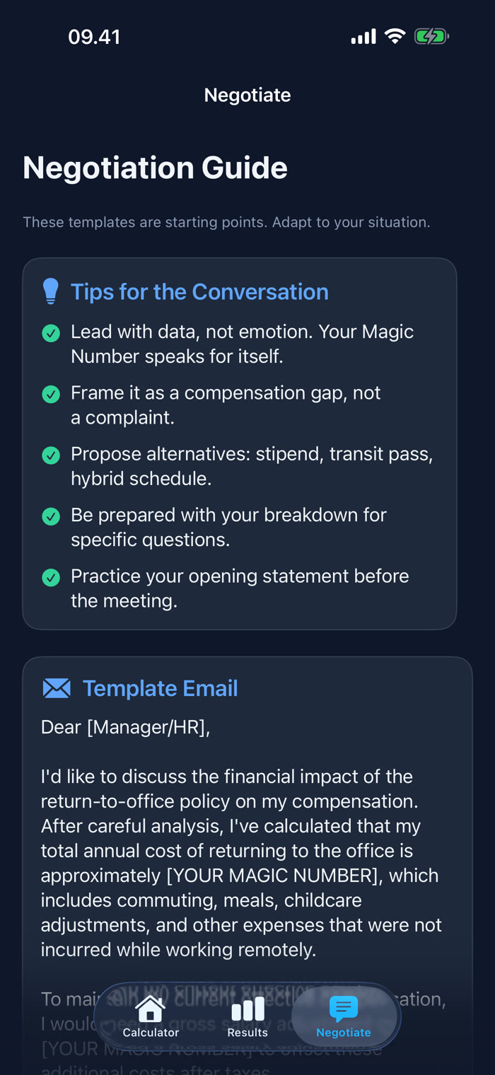Negotiation Guide with conversation tips and a template email to HR