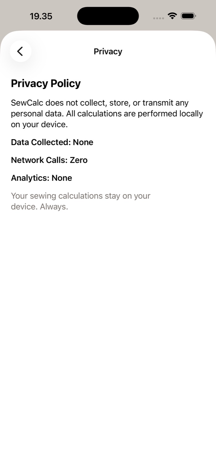SewCalc privacy screen: Data collected none, network calls zero, analytics none