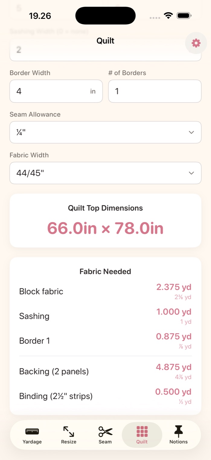 Quilt tab showing a 66 by 78 inch quilt top and fabric needed for blocks, sashing, border, backing and binding