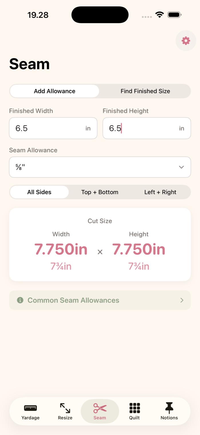 Seam tab adding a 5/8 inch allowance to a 6.5 inch square for a 7¾ inch cut size