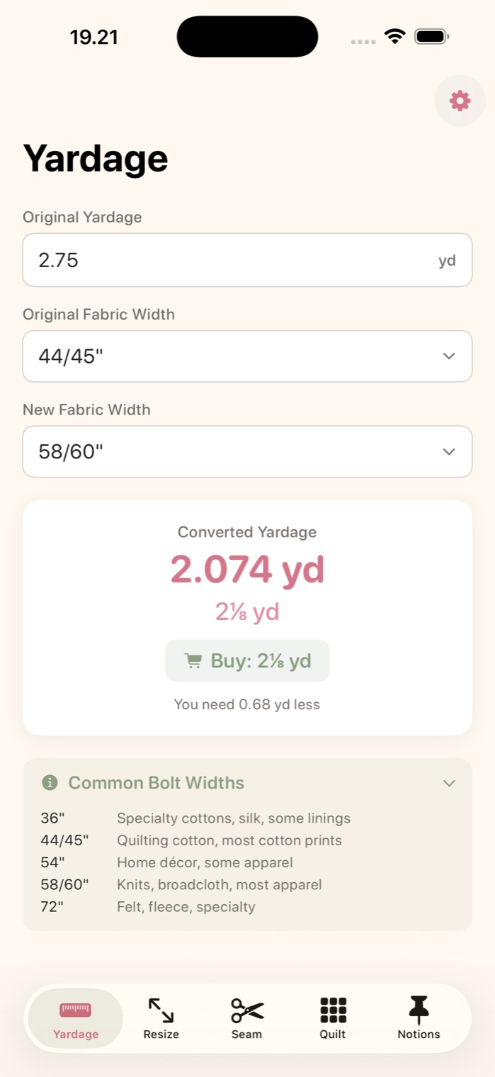 Yardage converter with common bolt widths reference