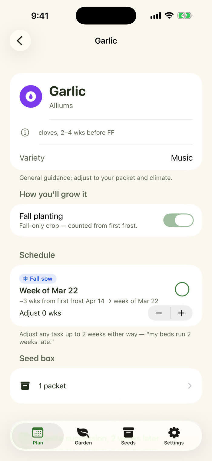 The garlic plan with Fall planting switched on. The task reads Fall sow, week of Mar 22, counted as 3 weeks from first frost Apr 14, with an adjust control. A note says cloves, 2 to 4 weeks before first frost.