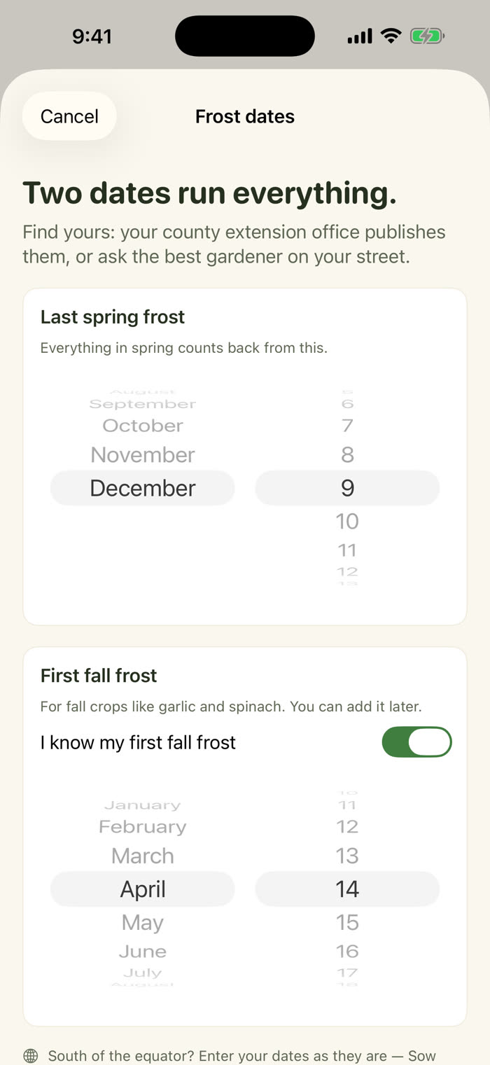 The Frost dates sheet. The heading reads Two dates run everything. A month and day wheel is set for last spring frost, and a second wheel for first fall frost with its switch on. A note at the bottom reads South of the equator? Enter your dates as they are.