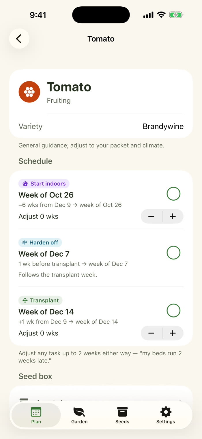 The tomato plan. Start indoors is week of Oct 26, shown as minus 6 weeks from Dec 9. Harden off is week of Dec 7, one week before transplant. Transplant is week of Dec 14. Each task has a checkbox and a plus and minus control to adjust it.
