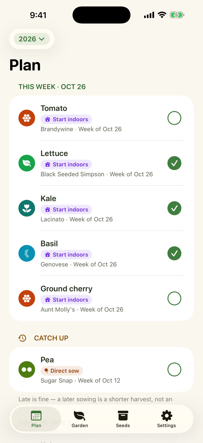 Sow's Plan tab for the week of October 26. Tomato, lettuce, kale, basil and ground cherry each show a Start indoors task for this week, with checkmarks on the ones already done. A Catch up section lists a pea direct sow from two weeks earlier.