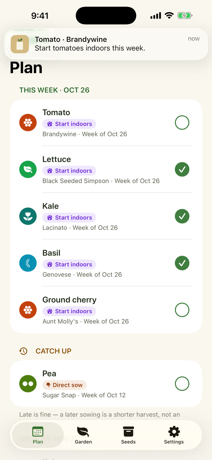 A Sow reminder banner at the top of the screen reads Tomato, Brandywine: Start tomatoes indoors this week. The Plan tab sits below it.