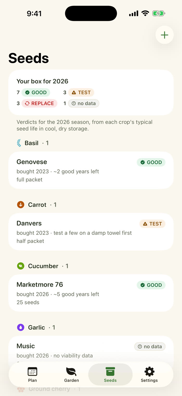The Seeds tab. A summary reads Your box for 2026: 7 good, 3 test, 3 replace, 1 no data. Below, packets are grouped by crop with a verdict on each, for example Genovese basil good, Danvers carrot test.