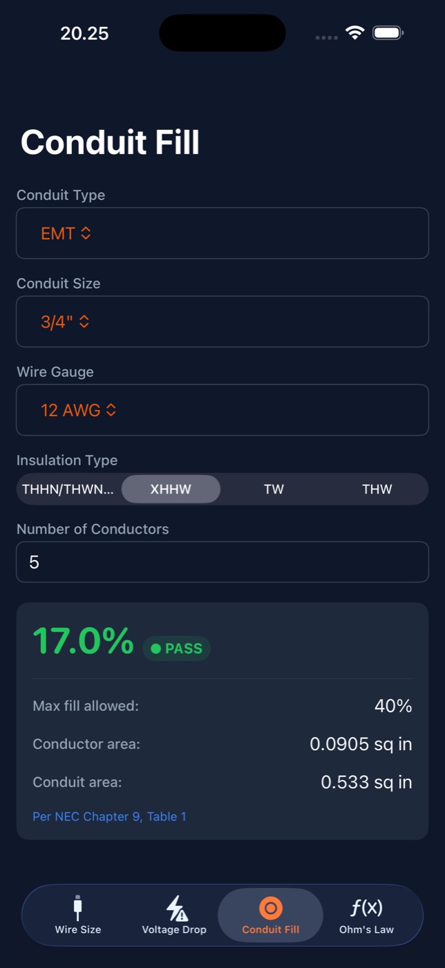Conduit Fill calculator in dark mode