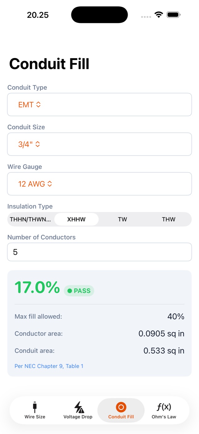 Conduit Fill calculator showing 17.0% fill of a 3/4 inch EMT with five 12 AWG XHHW conductors