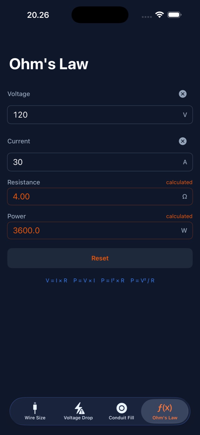 Ohm's Law calculator solving resistance and power from 120 V and 30 A