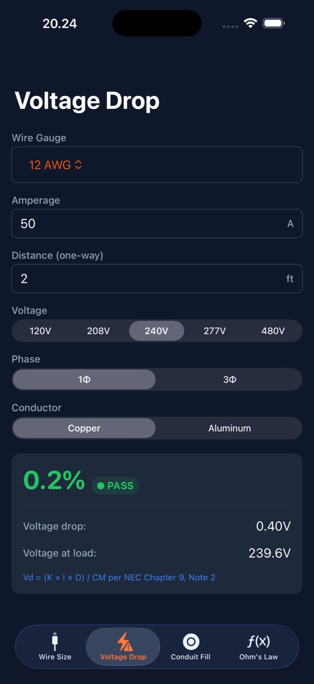 Voltage Drop calculator showing 0.2% drop with a green PASS indicator