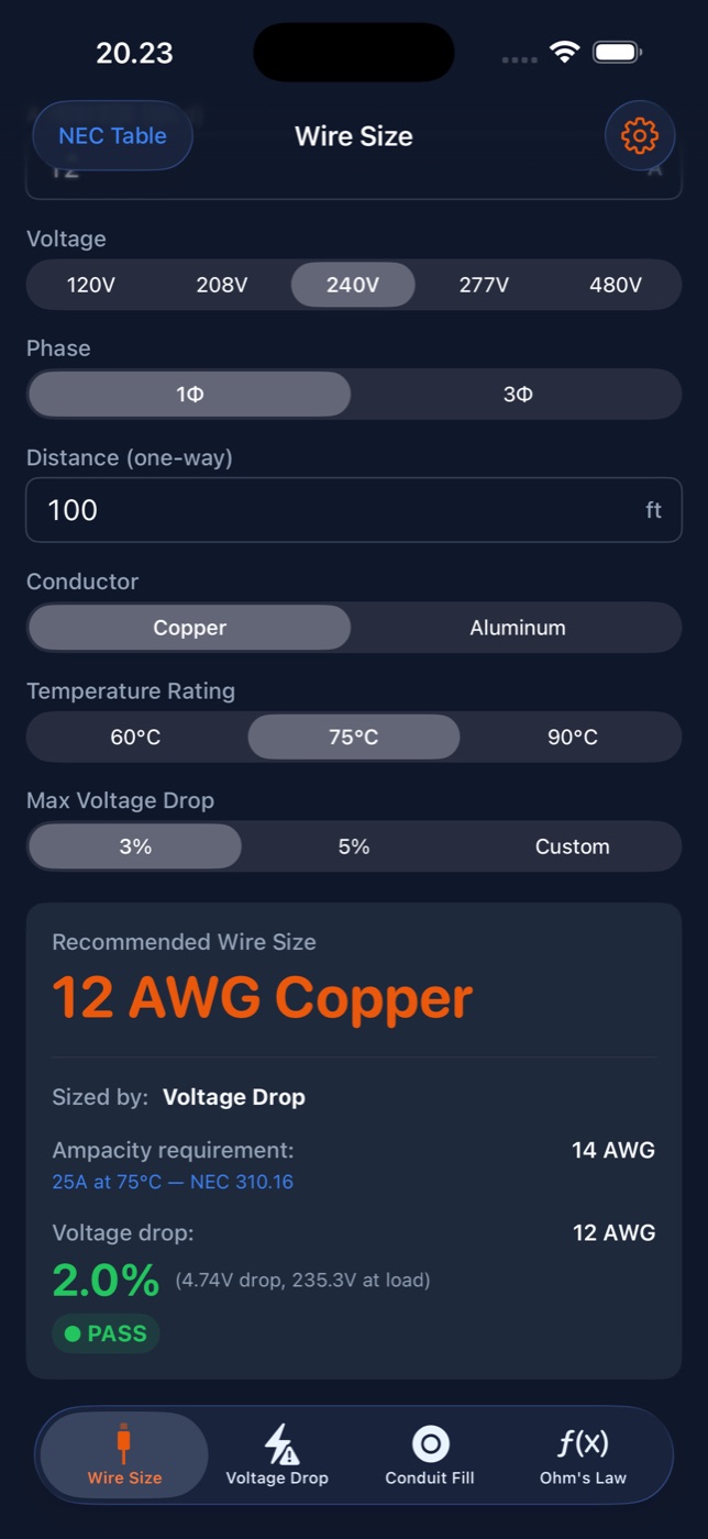 WireCalc Wire Size screen recommending 12 AWG copper for a 100 ft, 240 V single-phase run