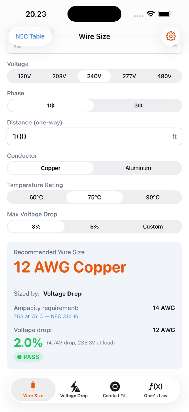 Wire Size calculator showing 12 AWG Copper, sized by voltage drop, with ampacity and voltage drop breakdown
